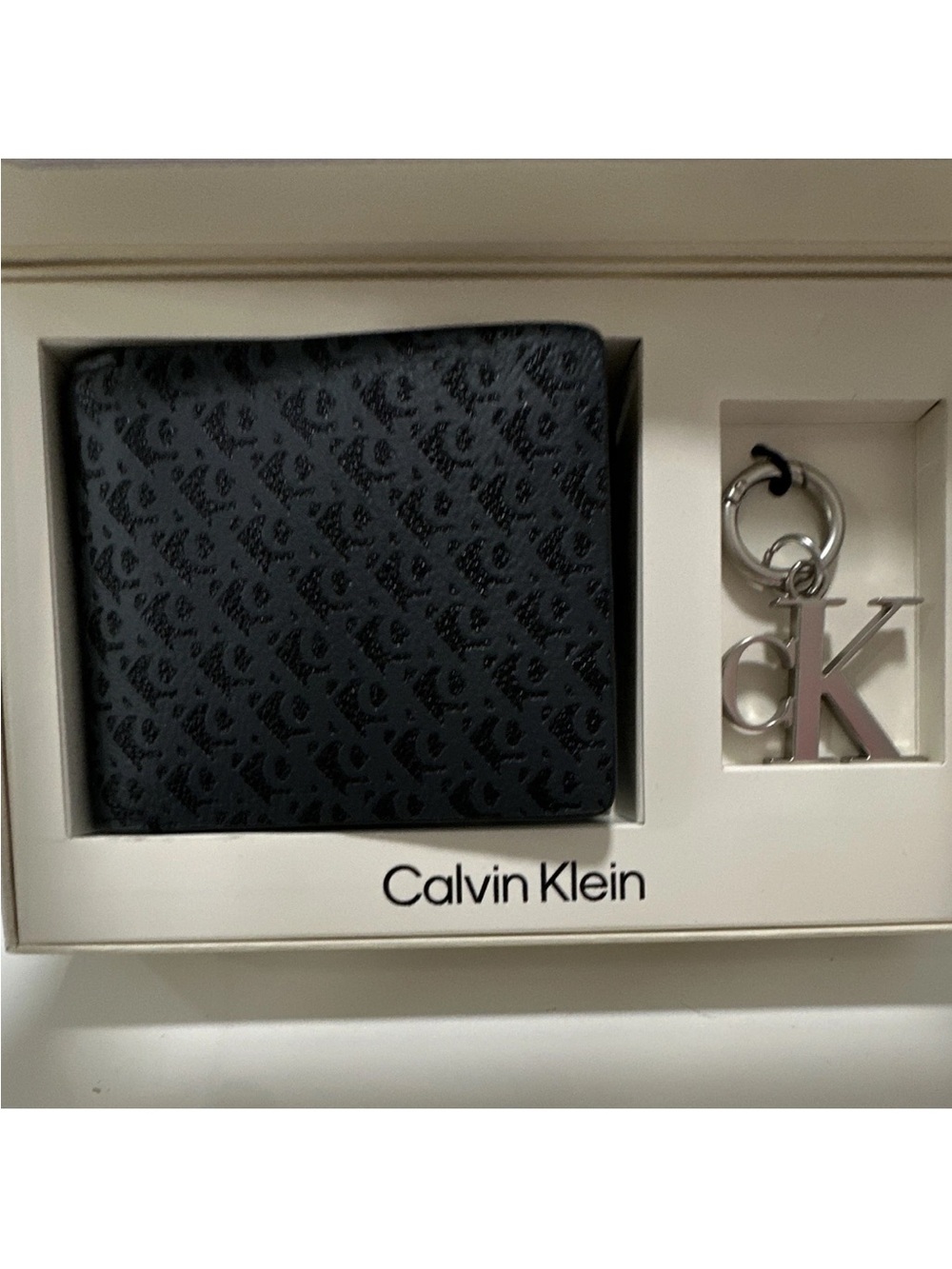 Calvin Klein Black Monogram Bifold Wallet with Silver CK Keyring